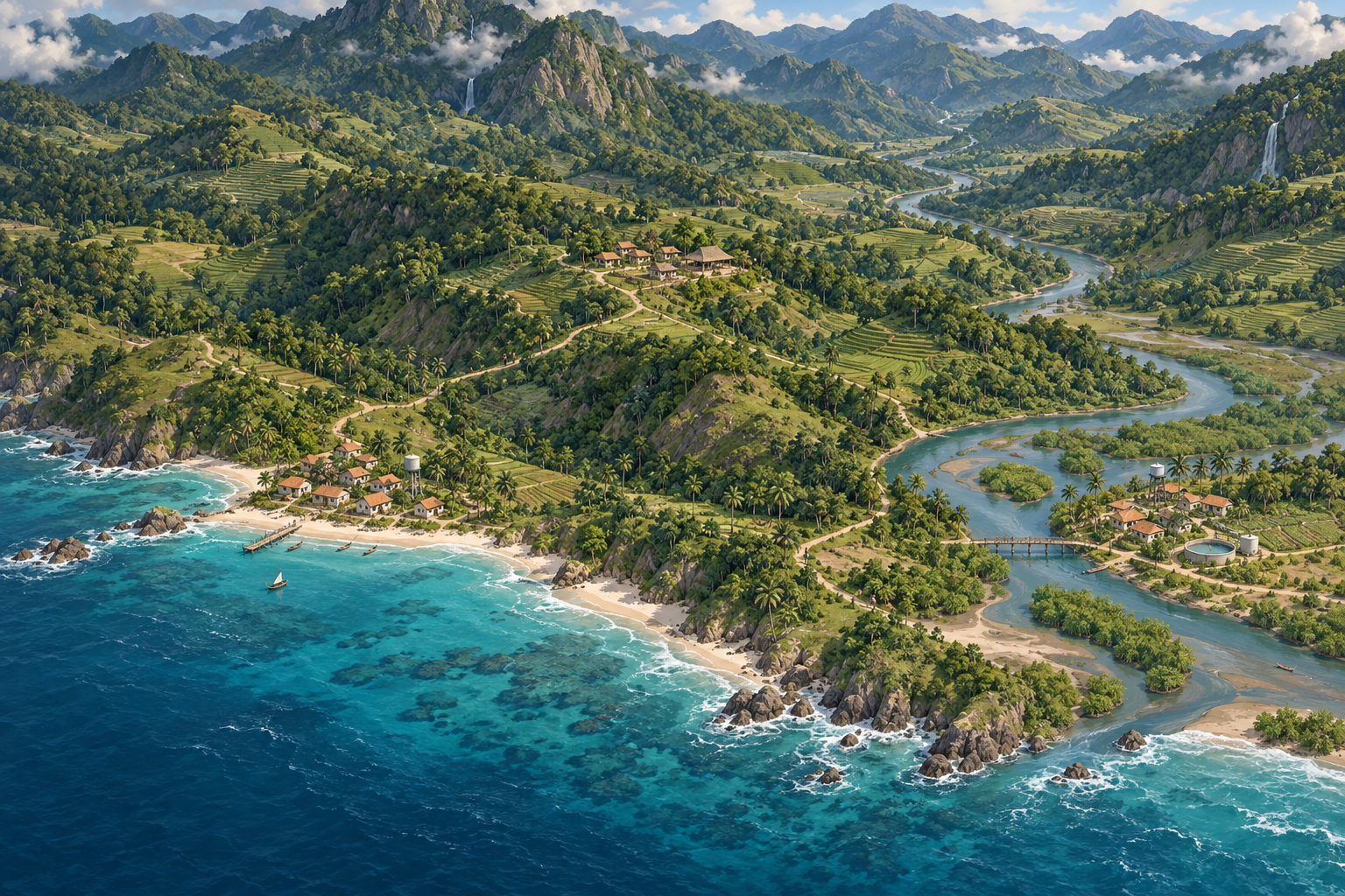 Illustrated coastal terrain with three fictional community field sites linked by a survey route.