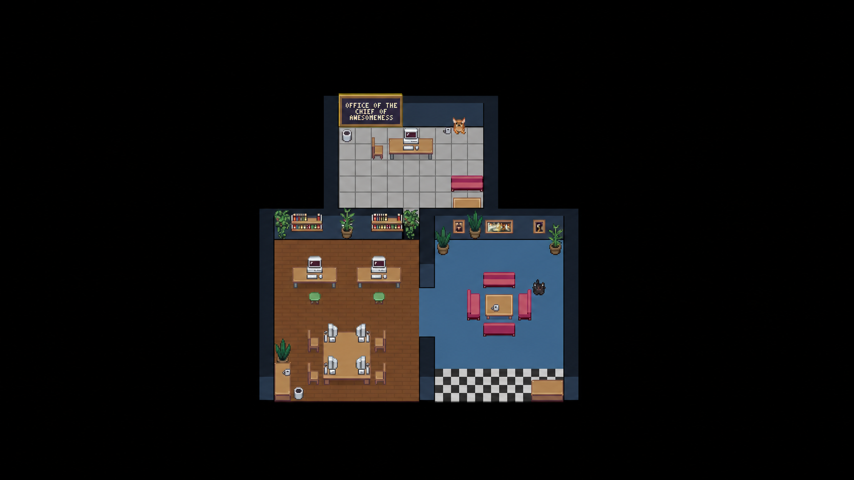 A custom pixel-art office with working desks, a meeting area, plants, pets and a separate human office.