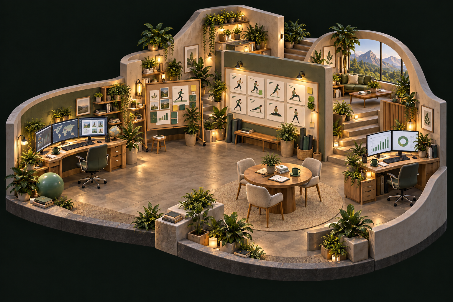 An illustrated AI studio with research, planning and human review stations.